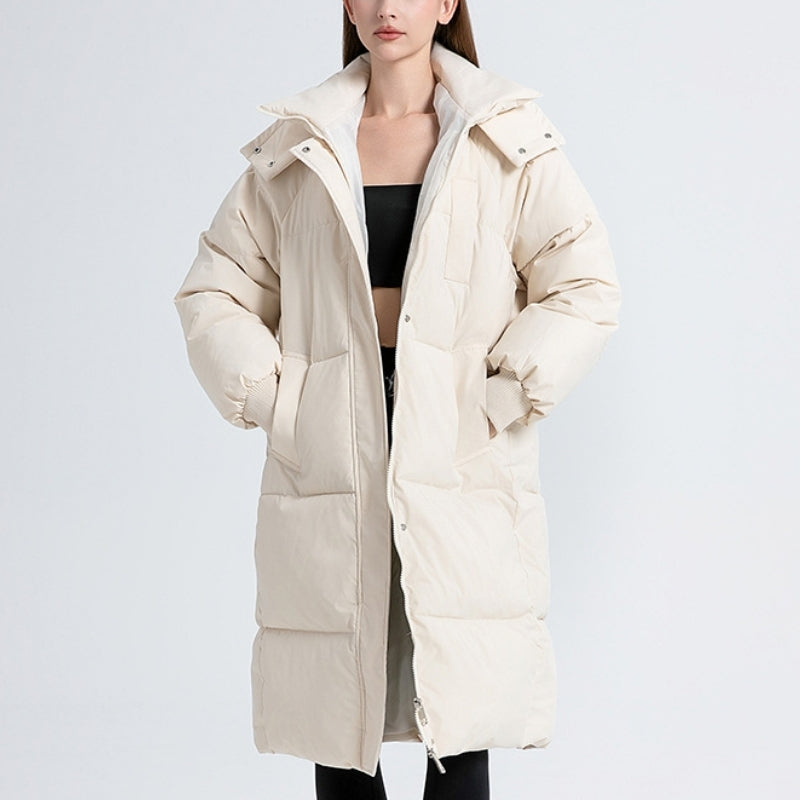 Cortina long puffer jacket in neutral tone with water-repellent fabric and fleece-lined pockets