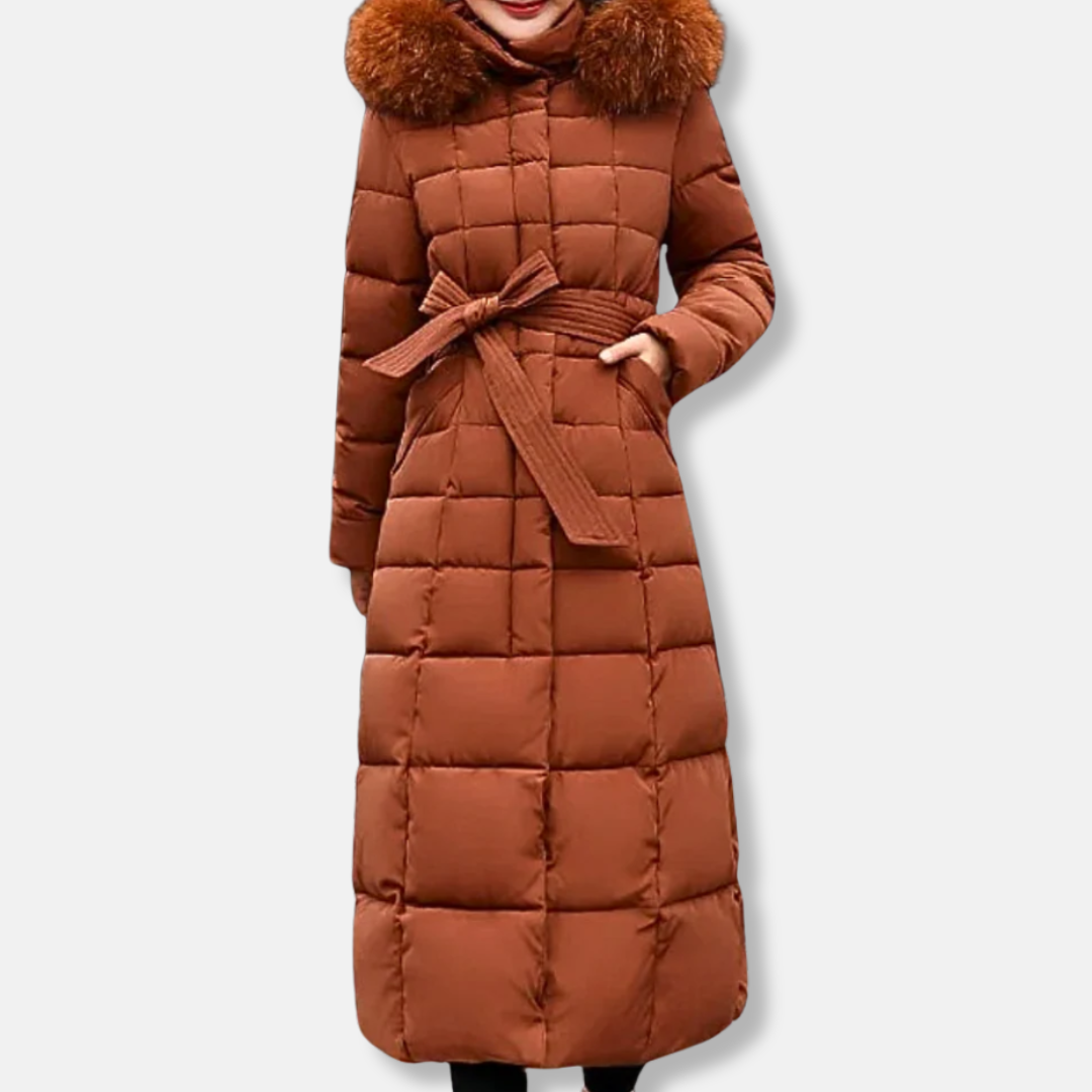 Women's black quilted longline slim-fit coat with belted waist and detachable fur hood