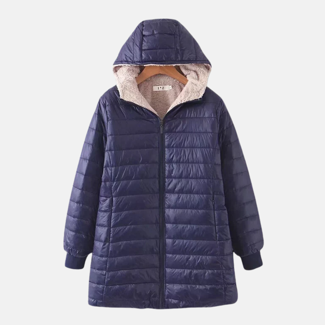 Women's mid-length quilted coat with hood, fleece-lined insulation, casual polished silhouette