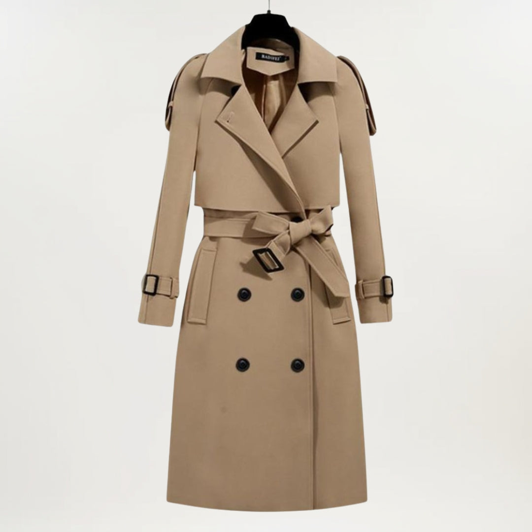 Ashly™ women's beige longline trench coat with sleek tailored silhouette and classic belt detail
