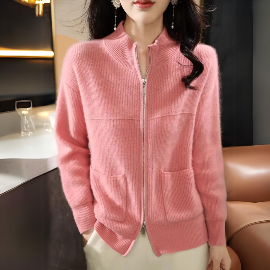 Ivory merino wool knit jacket with soft silken finish, slim-fit layering piece for autumn winter