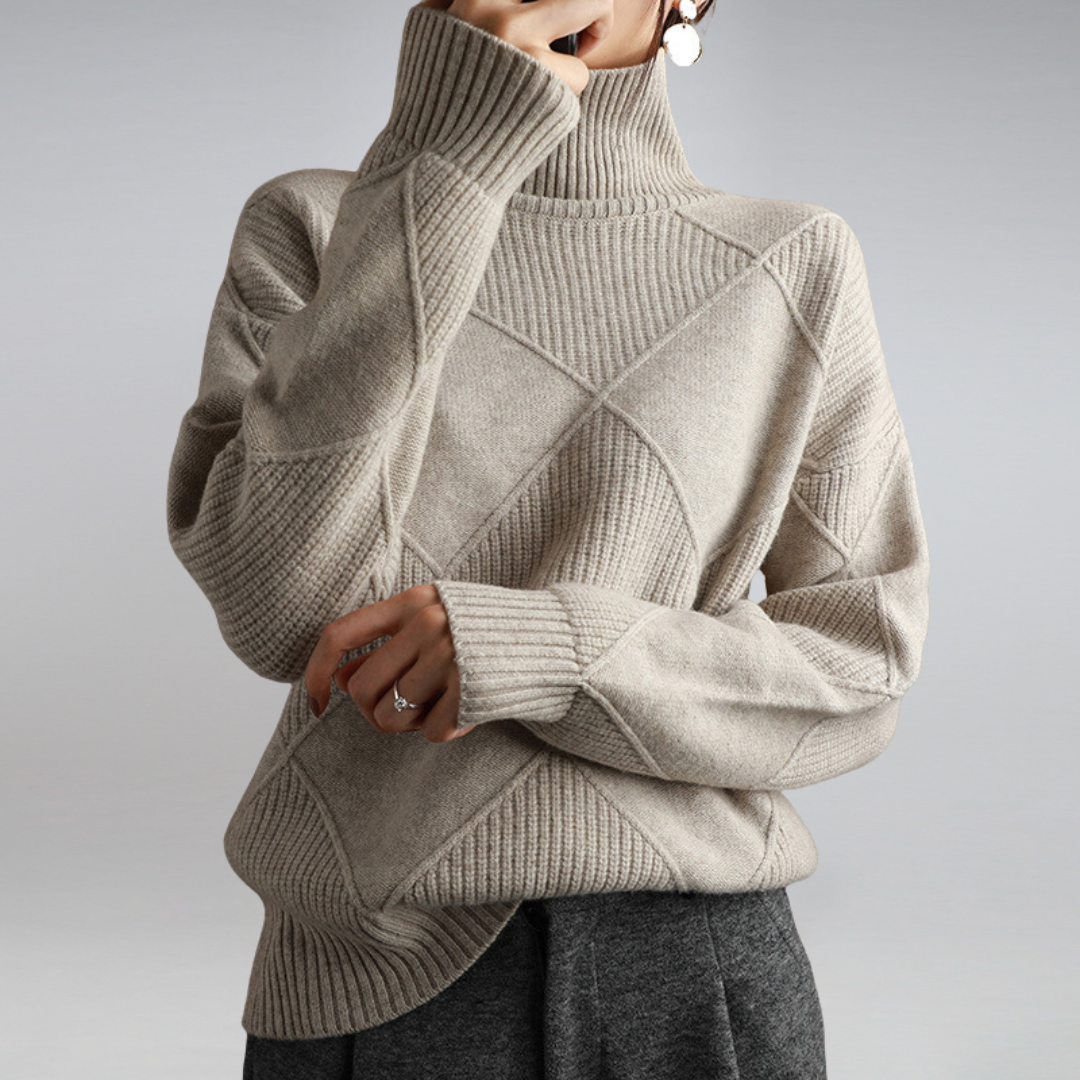 Linda ribbed turtleneck sweater relaxed fit textured diamond knit pattern cozy fall winter style