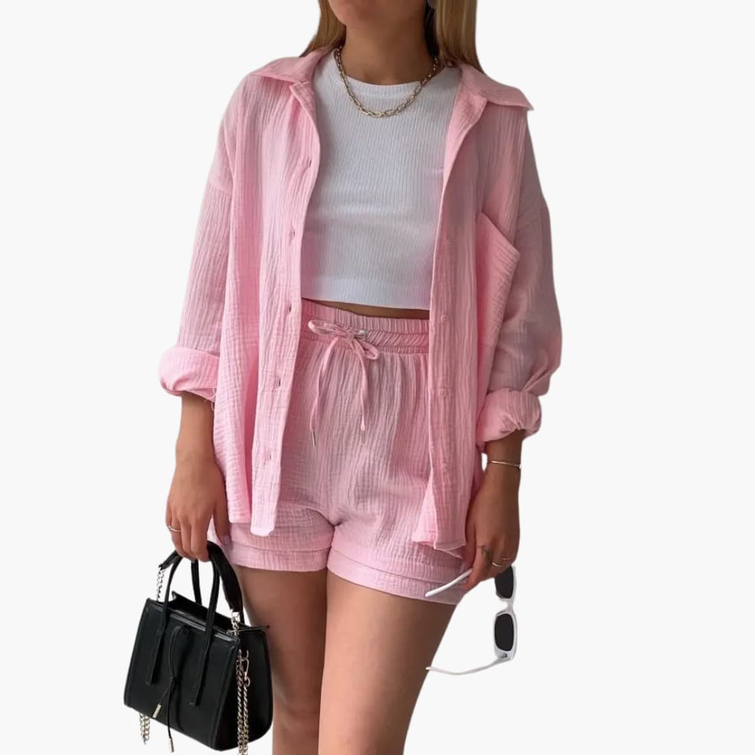 Rosa chic casual two-piece set in vibrant hues, relaxed silhouette with breezy lightweight fabric