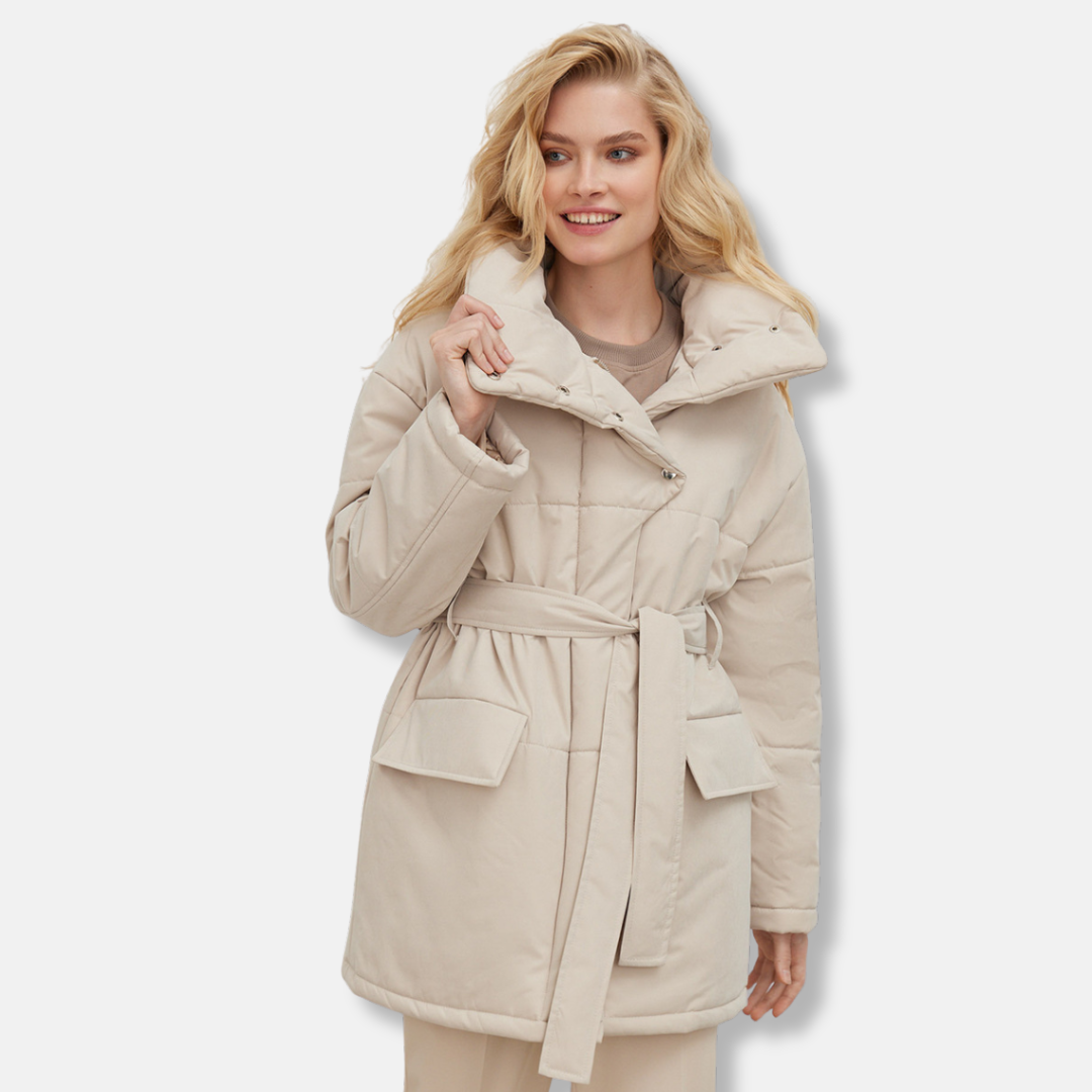 Women's oversized puffer jacket belted waist high stand collar cozy winter coat modern style