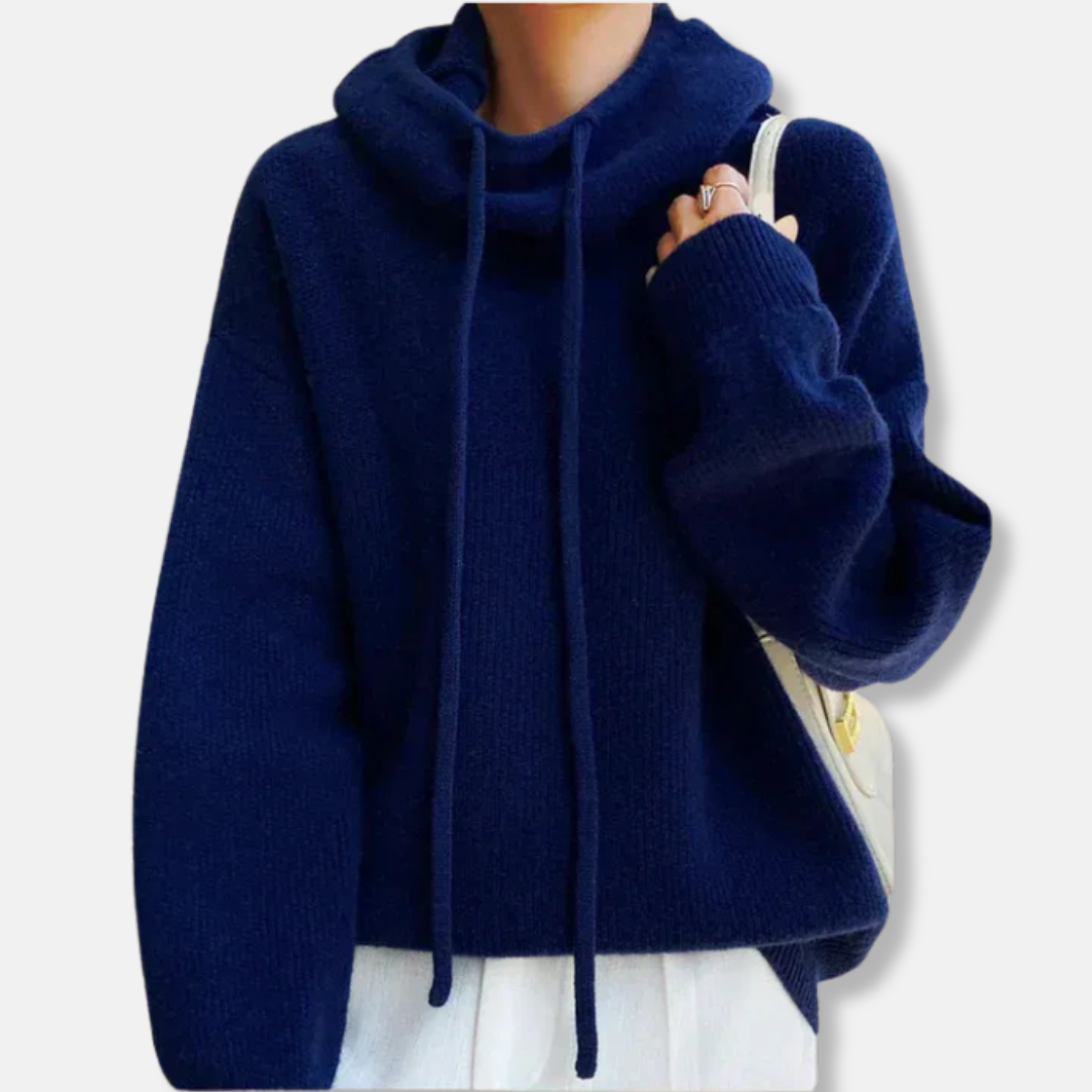 Rich brown oversized knitted sweatshirt cowl neck drawstring relaxed fit cozy women's pullover