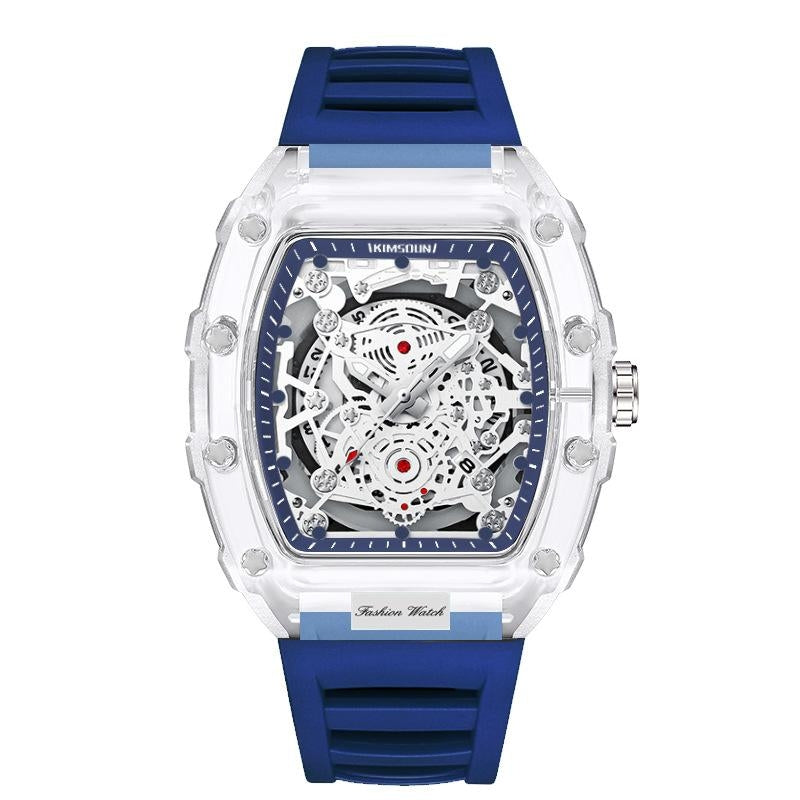 Rylan Forge transparent mechanical watch with exposed gear movement, shock-resistant waterproof quartz design
