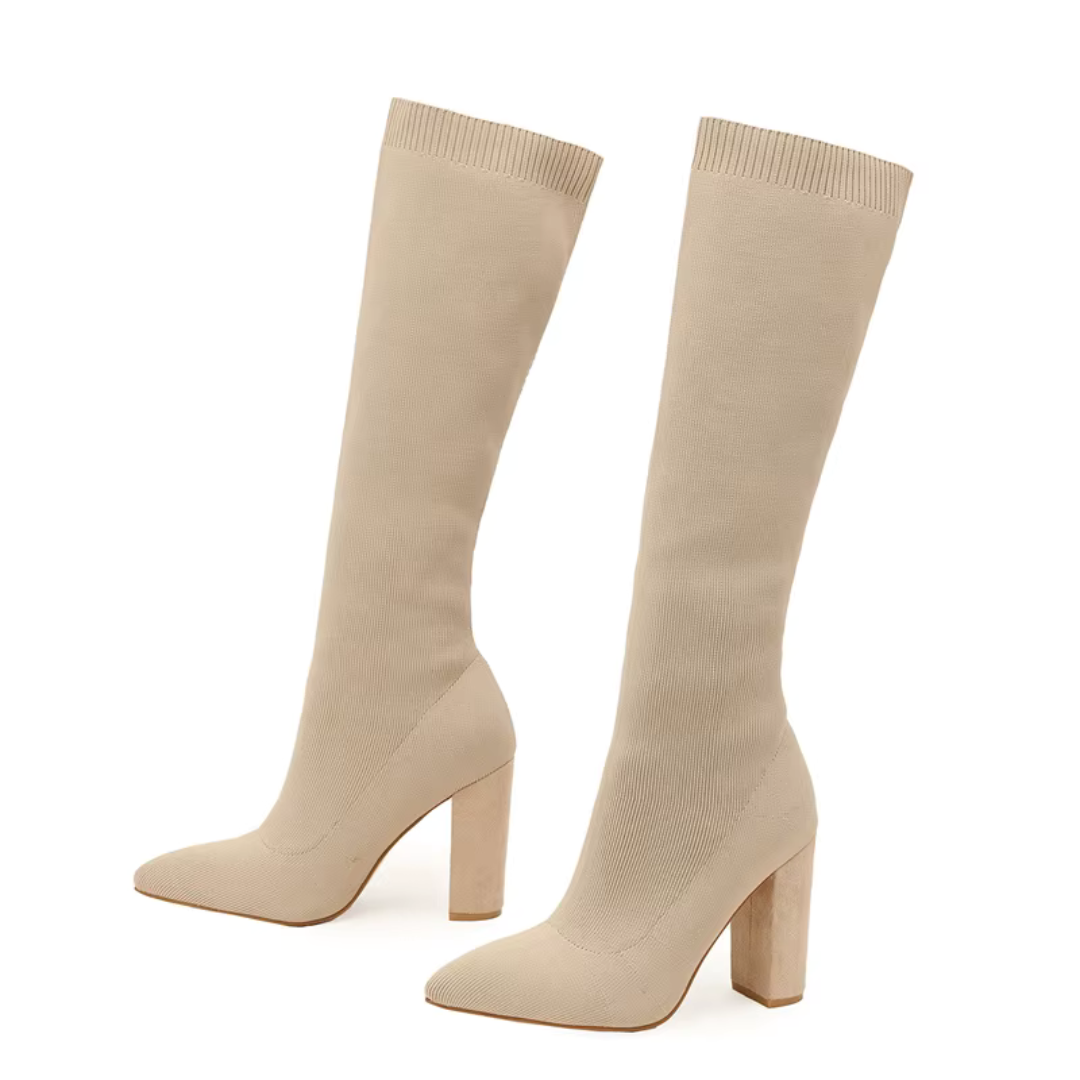 Women's black knee-high winter boots with high heel, sleek form-fitting shaft for elegant cold-weather style