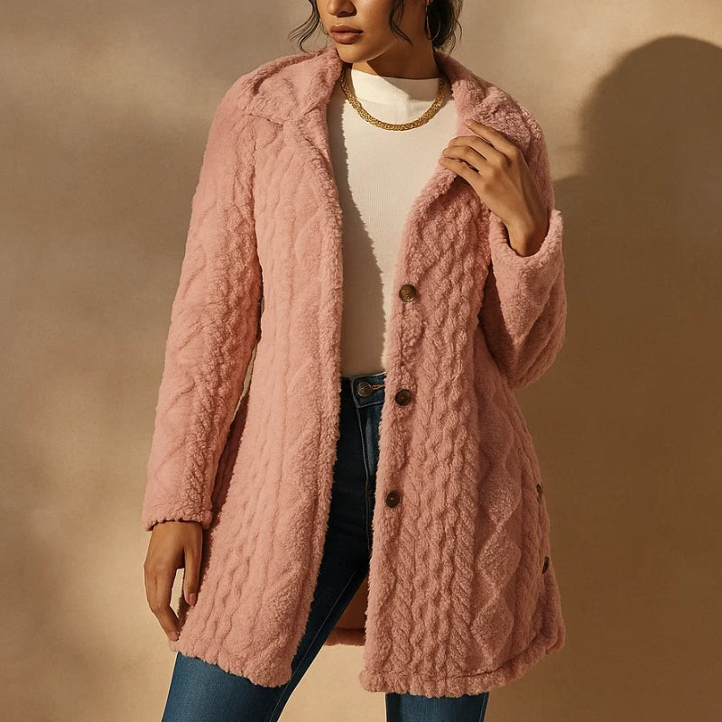 Via Nova jacquard plush coat with hood and button front, relaxed fit layering piece for cold weather