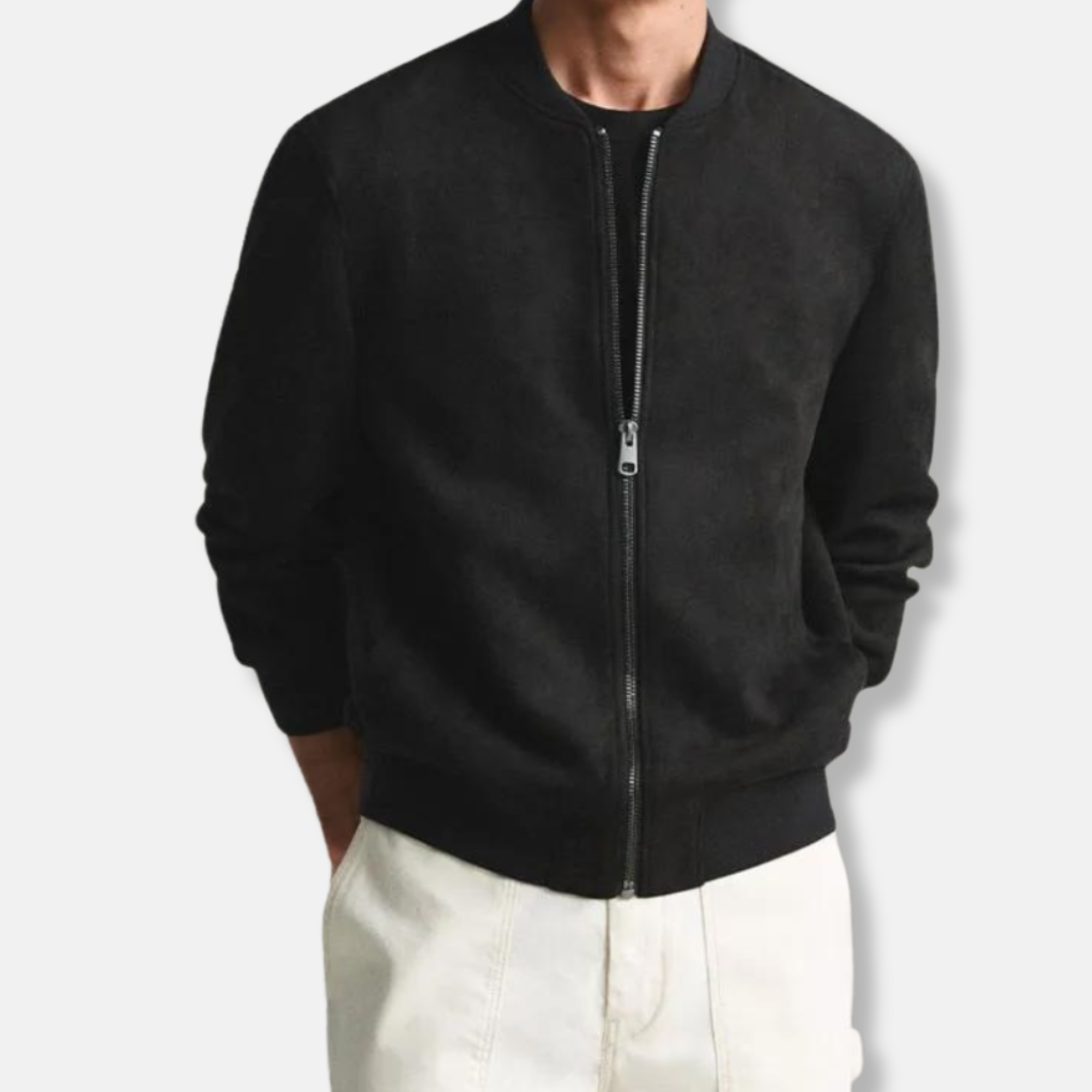 Men's cognac brown suede bomber jacket zip closure ribbed edges everyday comfort PU leather