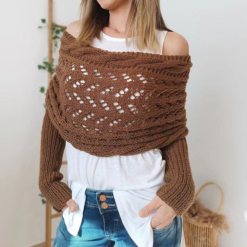Maribel hand-knitted cream openwork scarf with sleeves, hypoallergenic acrylic yarn, one size