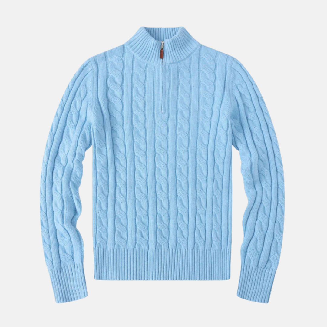 Men's cable knit cotton blend half-zip sweater with stand-up collar, regular fit, classic style