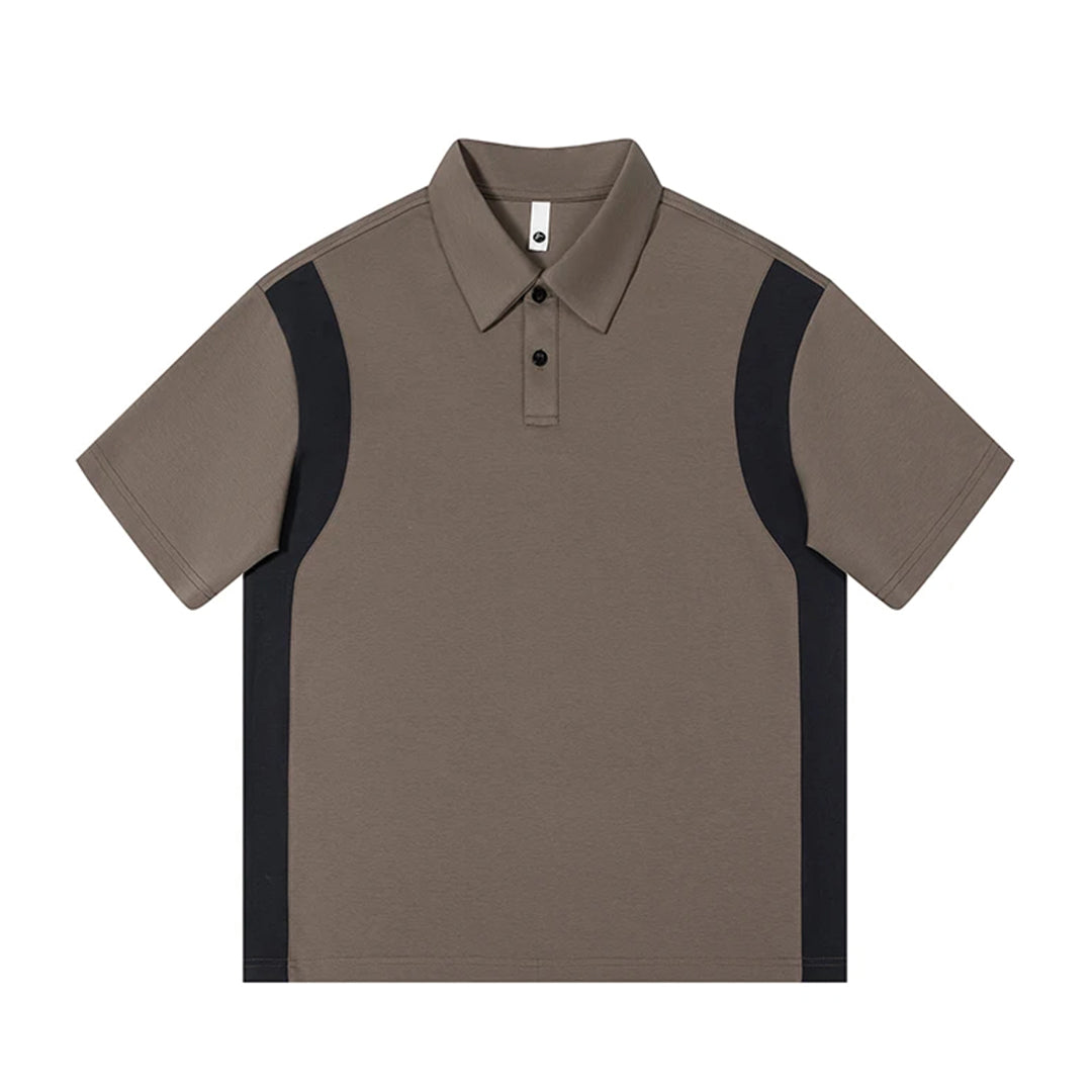 Navy and white loose fit polo shirt with contrast paneling and turn-down collar cotton blend