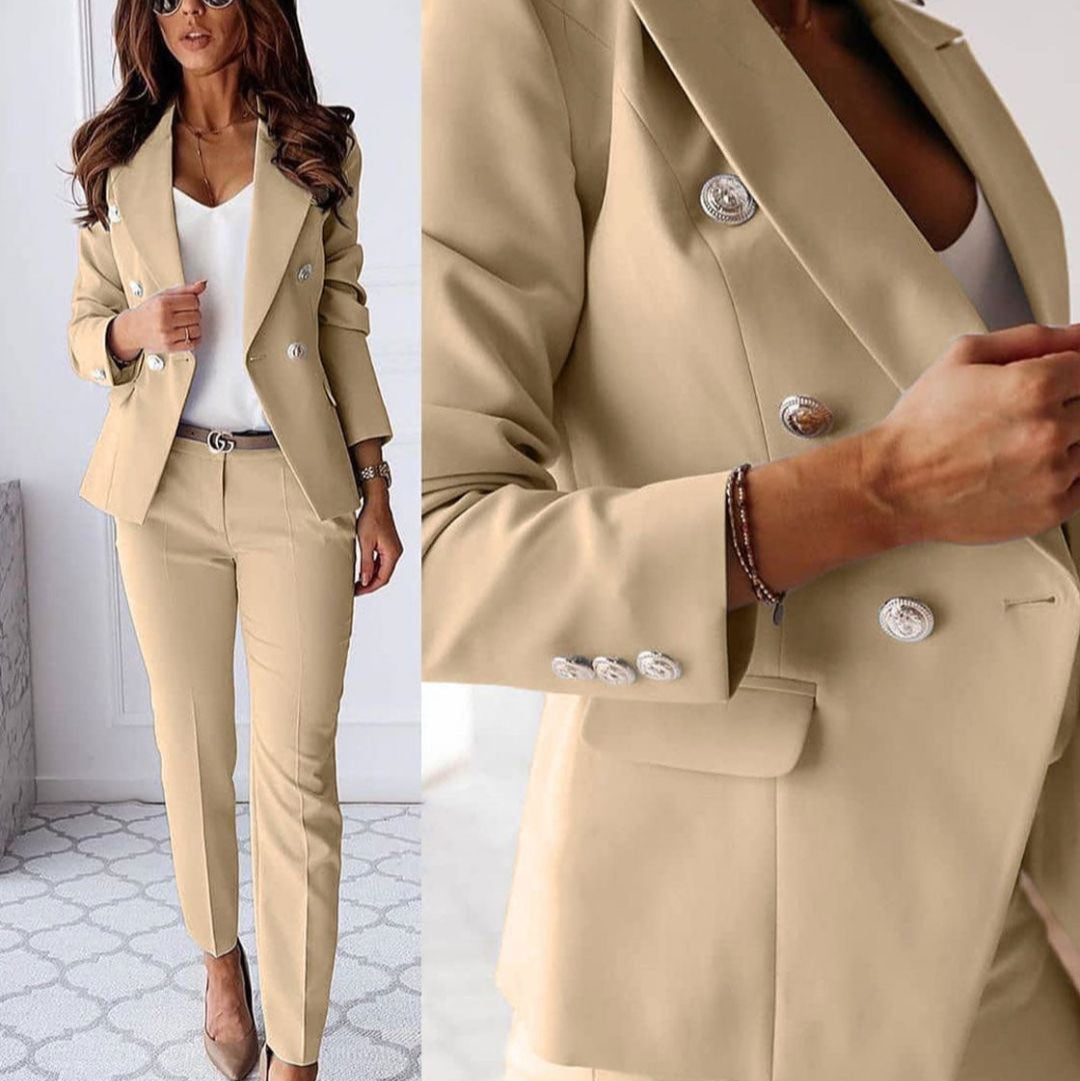 Ivory double-breasted blazer pantsuit set with notched lapels and metallic button accents