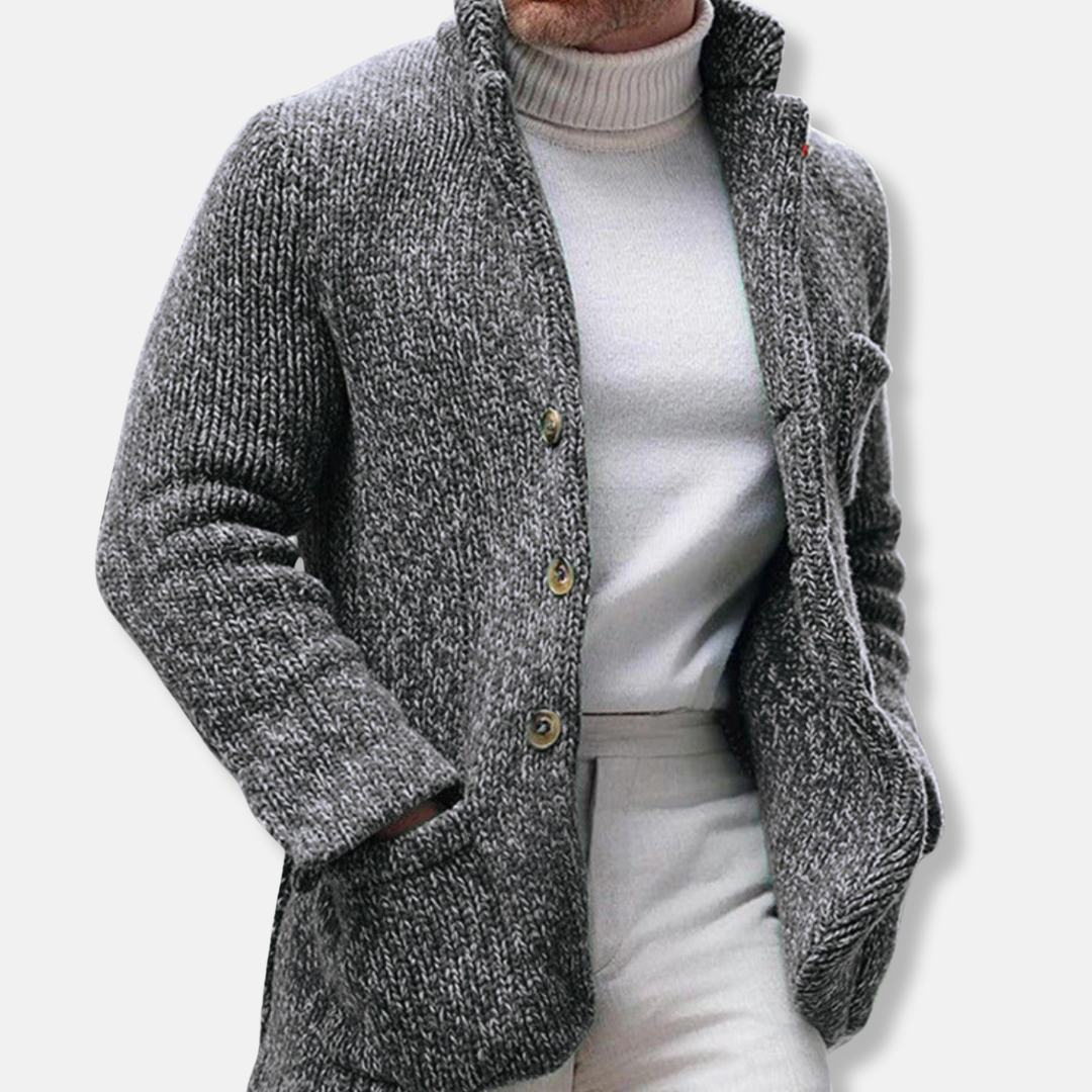 Men's textured knit cardigan stand collar single breasted patch pockets smart casual gray