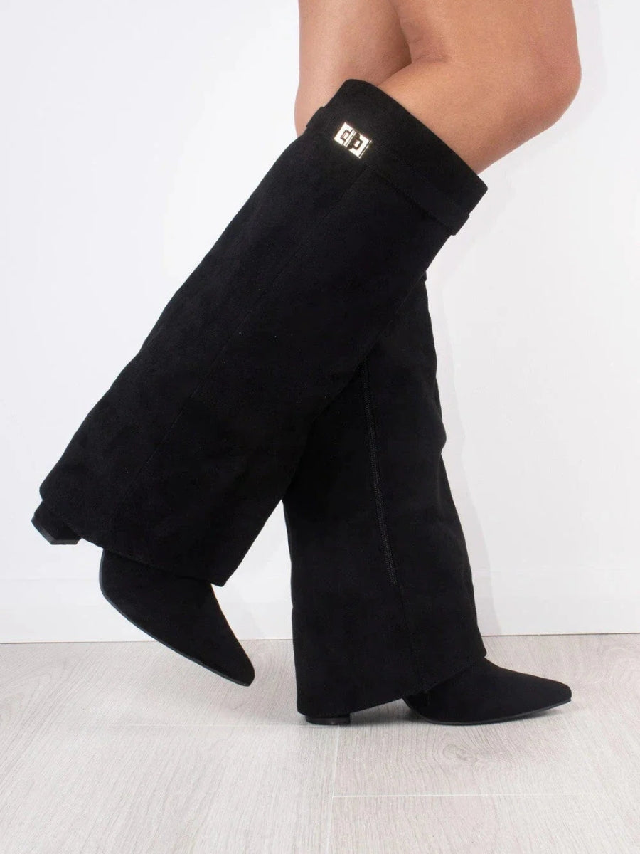 Women's black slouchy knee-high boots with zip closure and stiletto heel for winter
