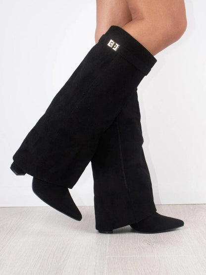 Women's black slouchy knee-high boots with zip closure and stiletto heel for winter