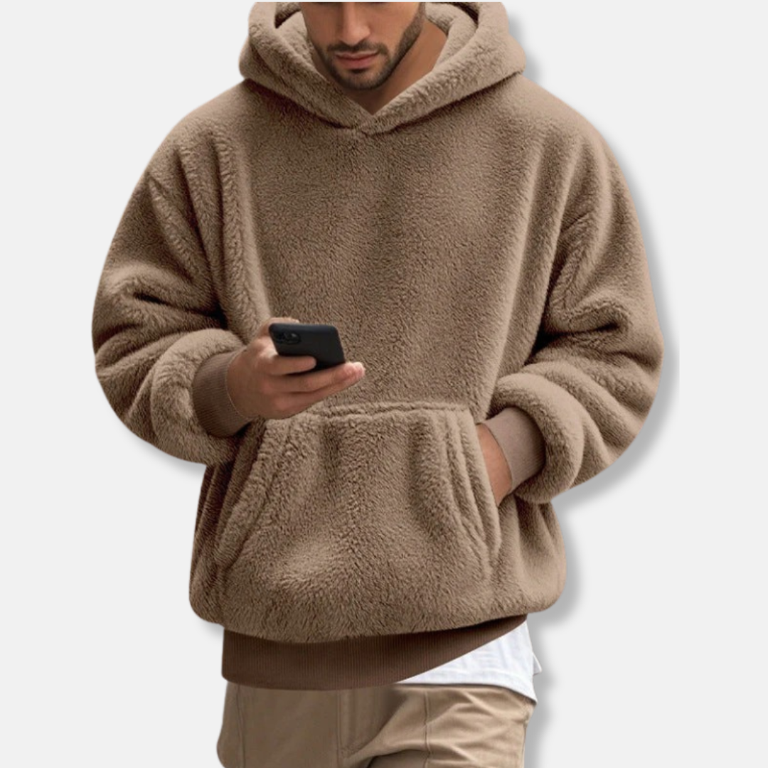 Men's gray fleece hoodie relaxed fit hooded V-neck kangaroo pocket hip length casual comfort