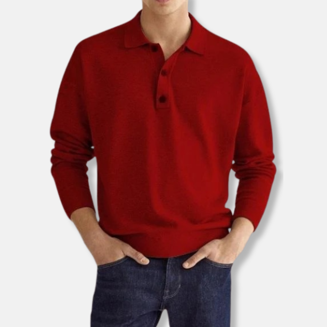 Men's cotton blend polo collar sweater, relaxed fit long sleeve, smart casual neutral tone
