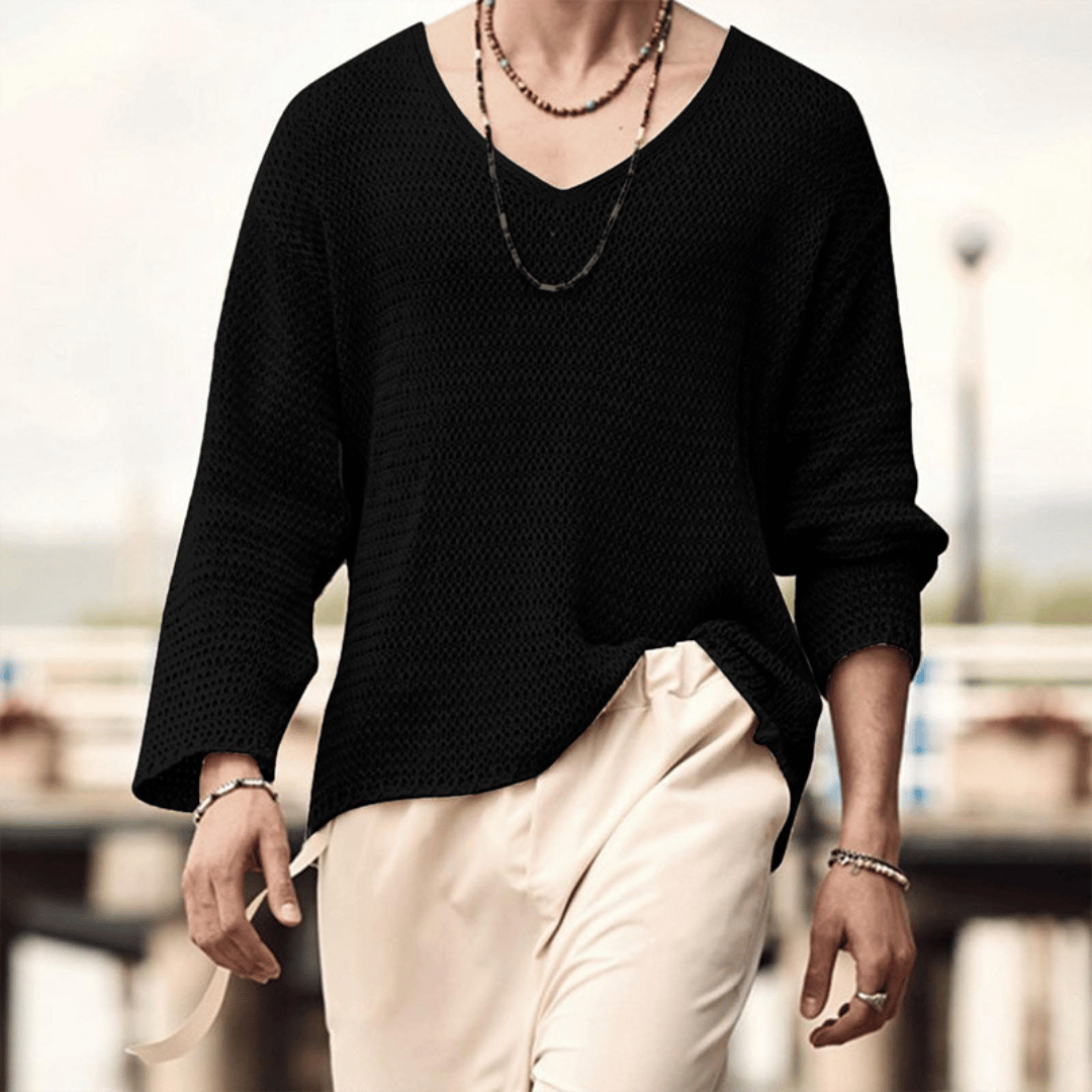 Men's beige relaxed knit sweater deep V-neck breathable textured casual evening wear