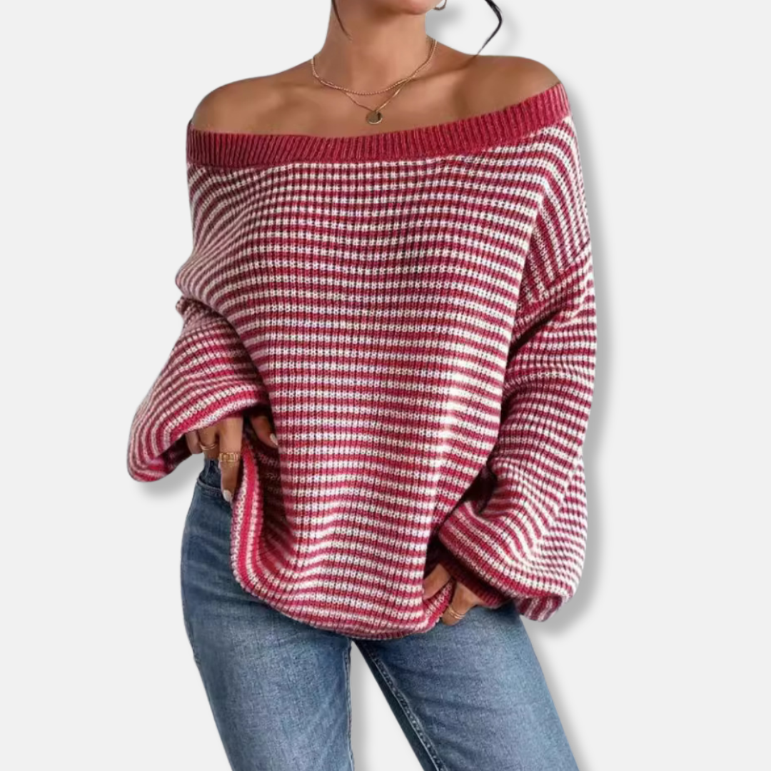 Women's knitted sweater boat neckline lantern sleeves relaxed fit versatile casual-chic everyday style
