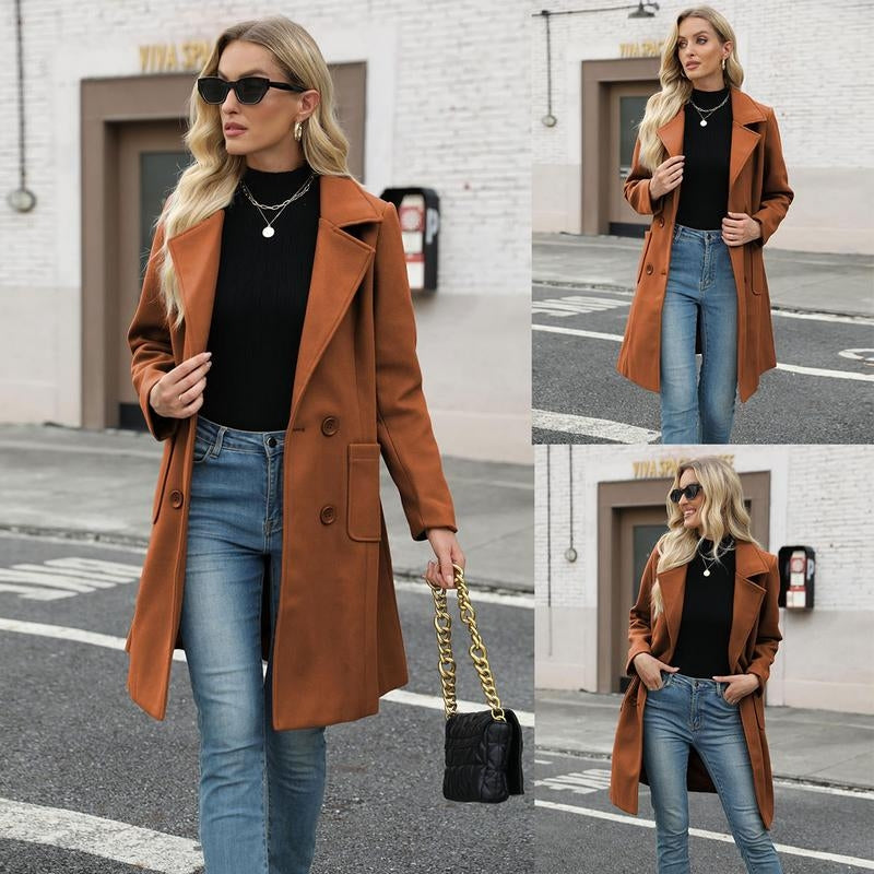 Maribel wool-blend coat in neutral tone, mid-length double-breasted silhouette with clean structured fit