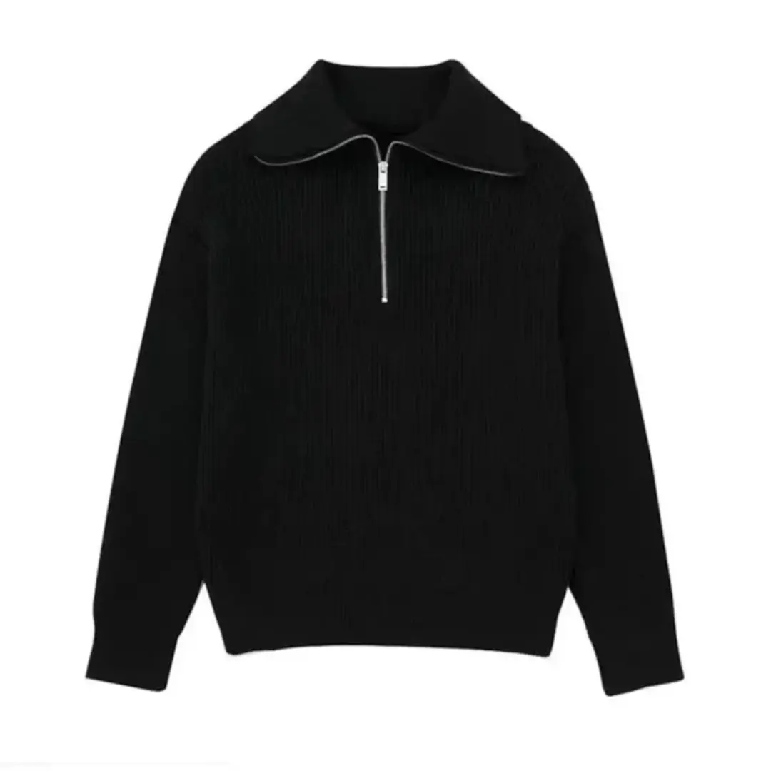 Nordic zip-up striped sweater in classic nautical colors with relaxed fit and zippered collar
