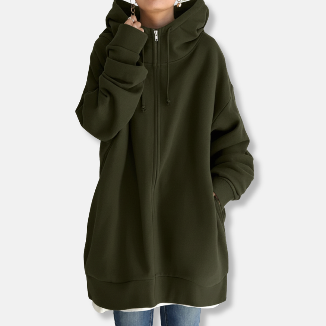 Women's oversized zip-front hoodie in plush fleece, long sleeve casual style with relaxed fit