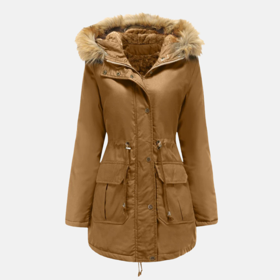 Women's olive green mid-thigh parka jacket with fleece lining, faux fur hood, and adjustable waist