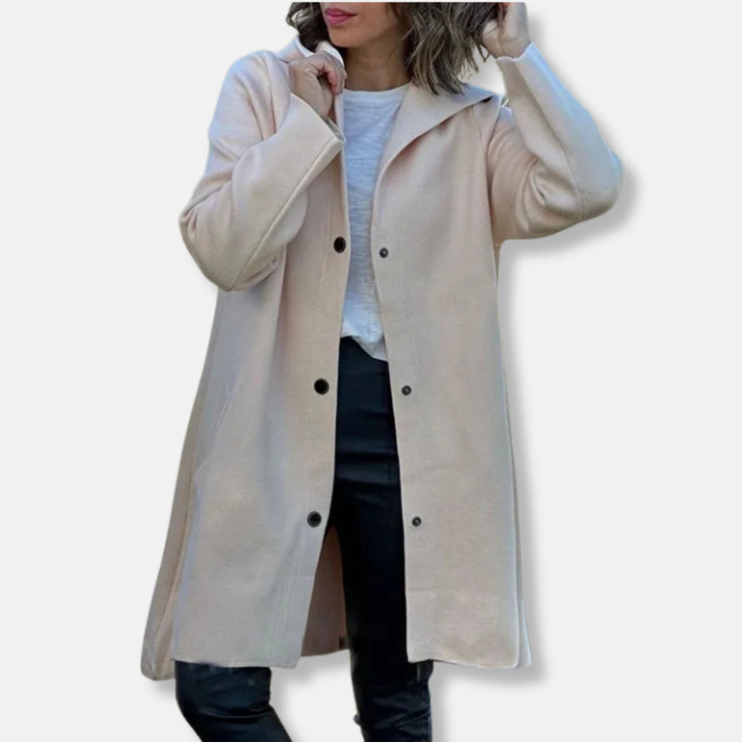 Women's wool coat hooded neckline snap button closure mid-thigh A-line silhouette relaxed fit
