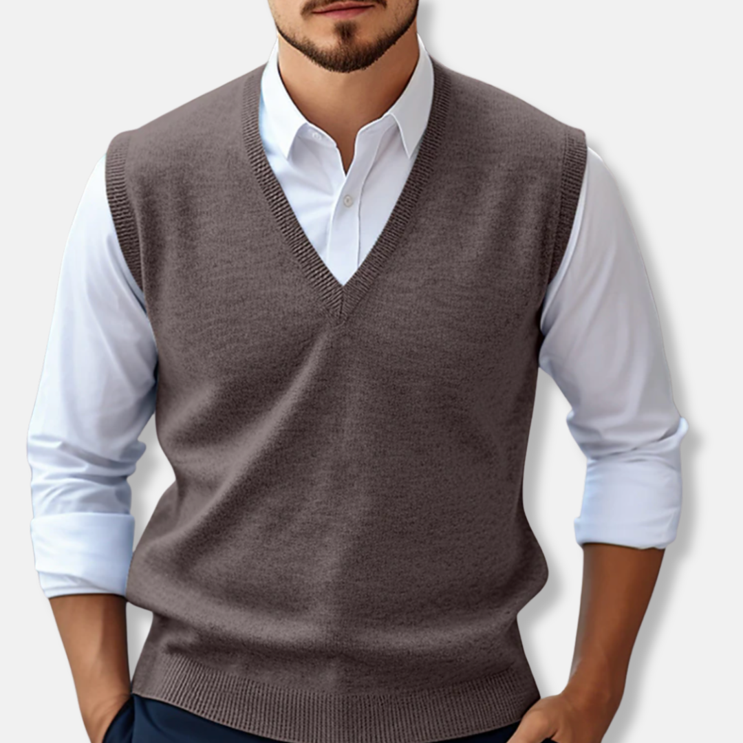 Men's ribbed cotton knit sweater vest, V-neck sleeveless regular fit layering piece