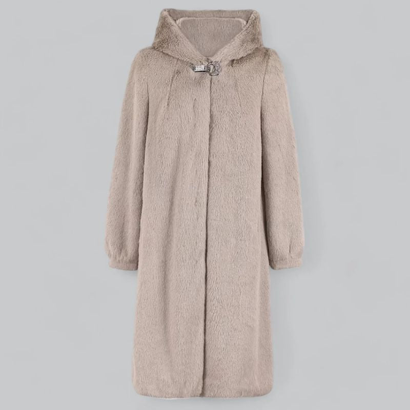 Women's beige faux fur hooded coat with hidden closures, soft mink-style plush texture