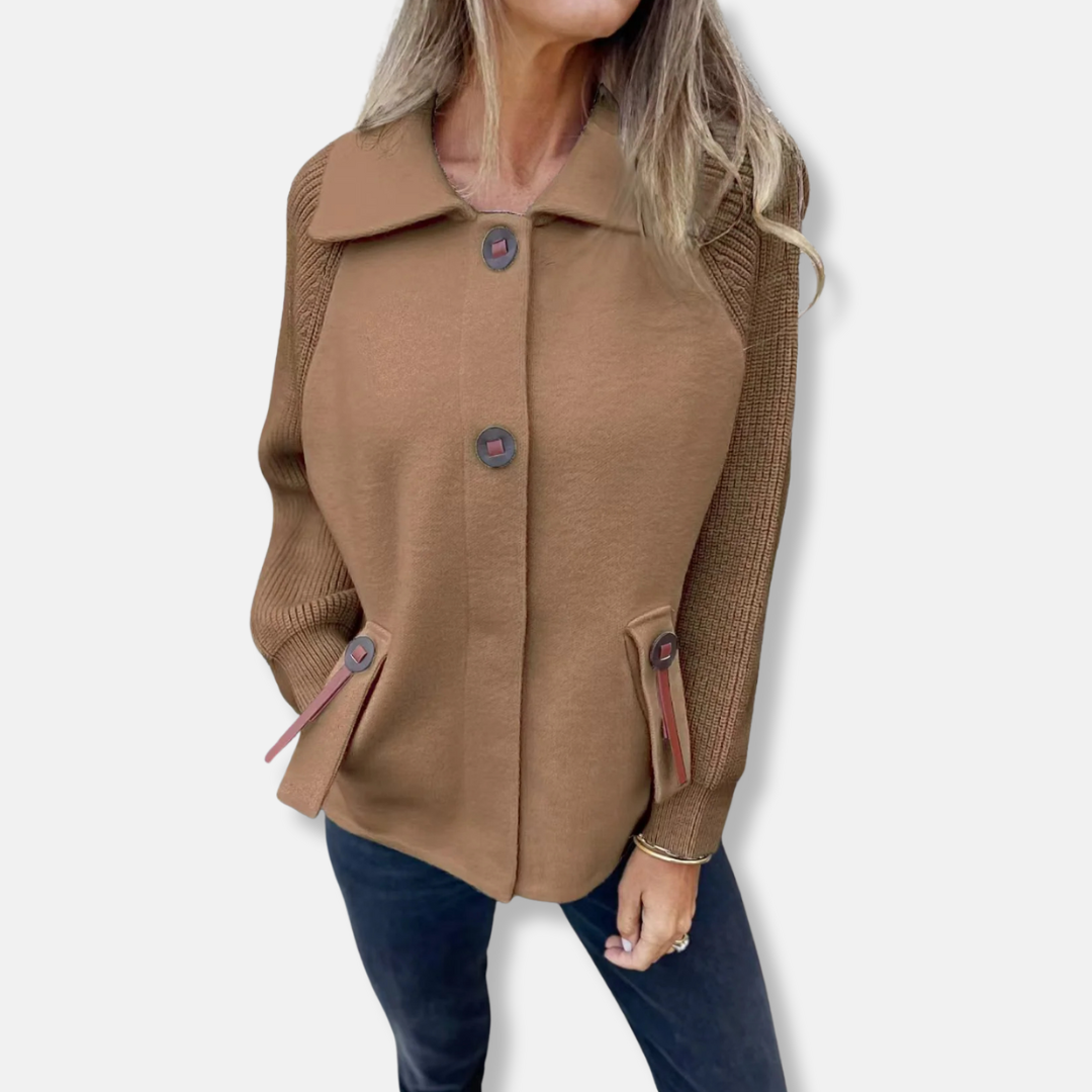 Women's relaxed fit jacket textured knit sleeves lapel collar button front everyday chic style