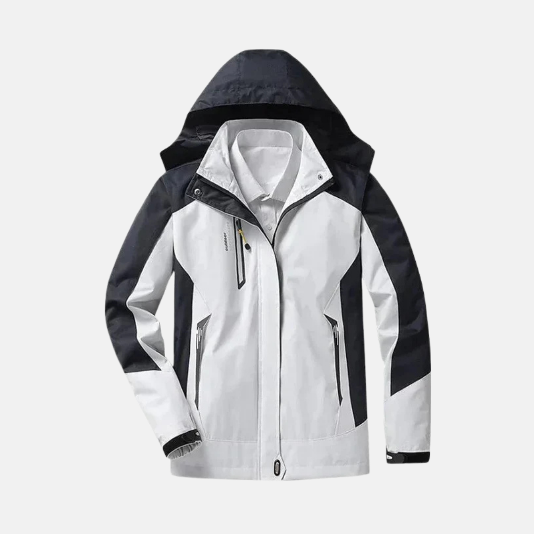 Women's black hooded jacket stand collar full zip flattering fit for active outdoors