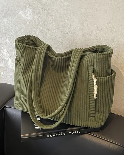 Aubrey corduroy tote bag soft ribbed texture roomy interior casual everyday shoulder bag