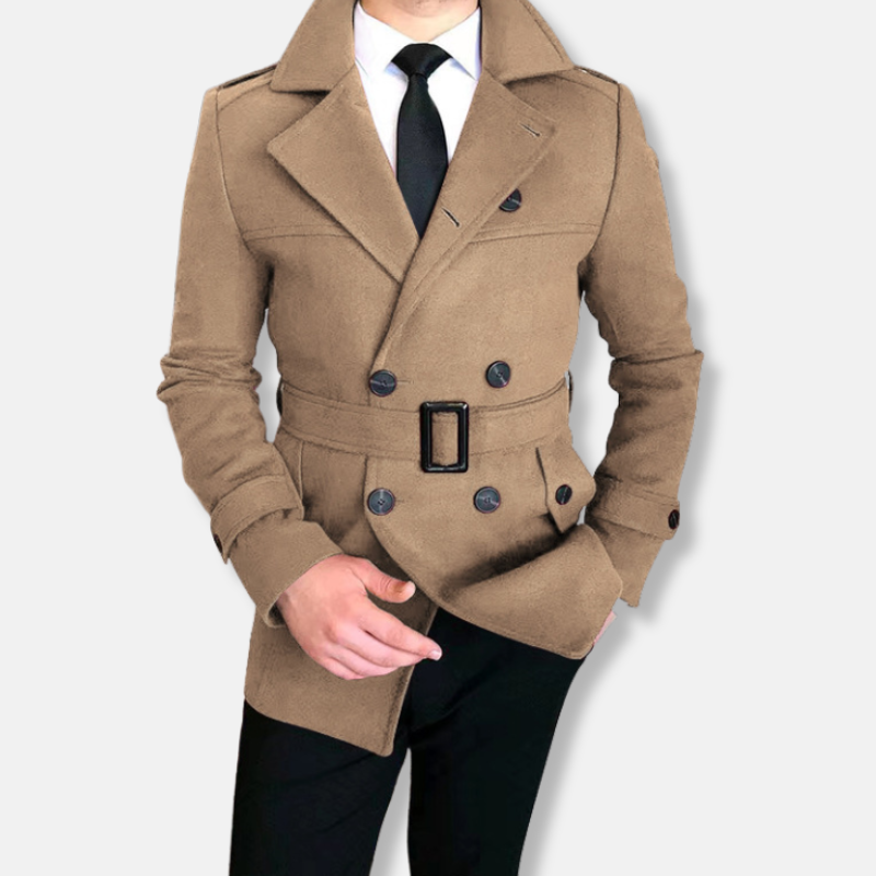 Burgundy wool blend double breasted men's jacket tailored fit with belted waist by Wavlynn