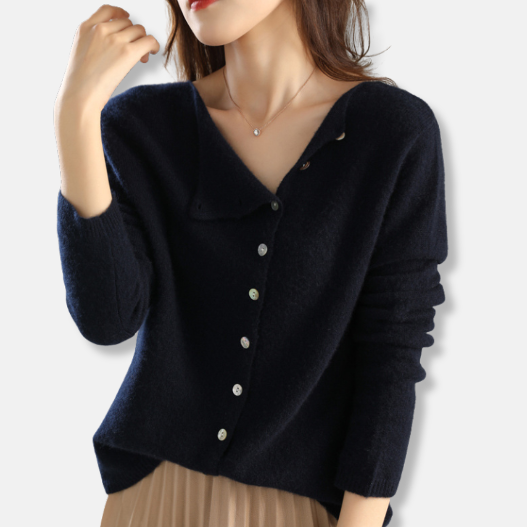 Women's relaxed fit knit cardigan with asymmetrical neckline and ribbed cuffs for sophisticated layering