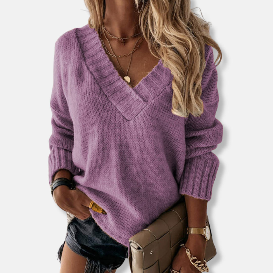 Women's relaxed fit knit sweatshirt deep V-neck long sleeve with ribbed hem casual style