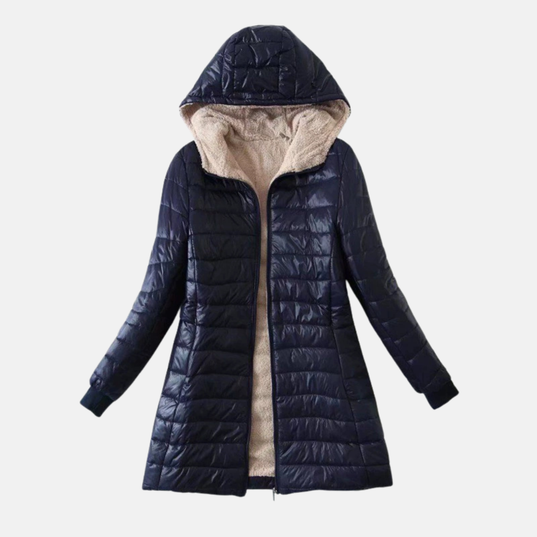 Women's black hooded quilted puffer coat mid-length plush lining warm winter outerwear