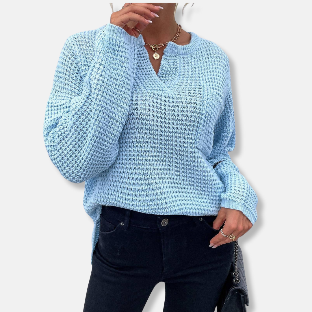 Women's cream waffle knit sweater relaxed fit notched round neck with cuffed long sleeves