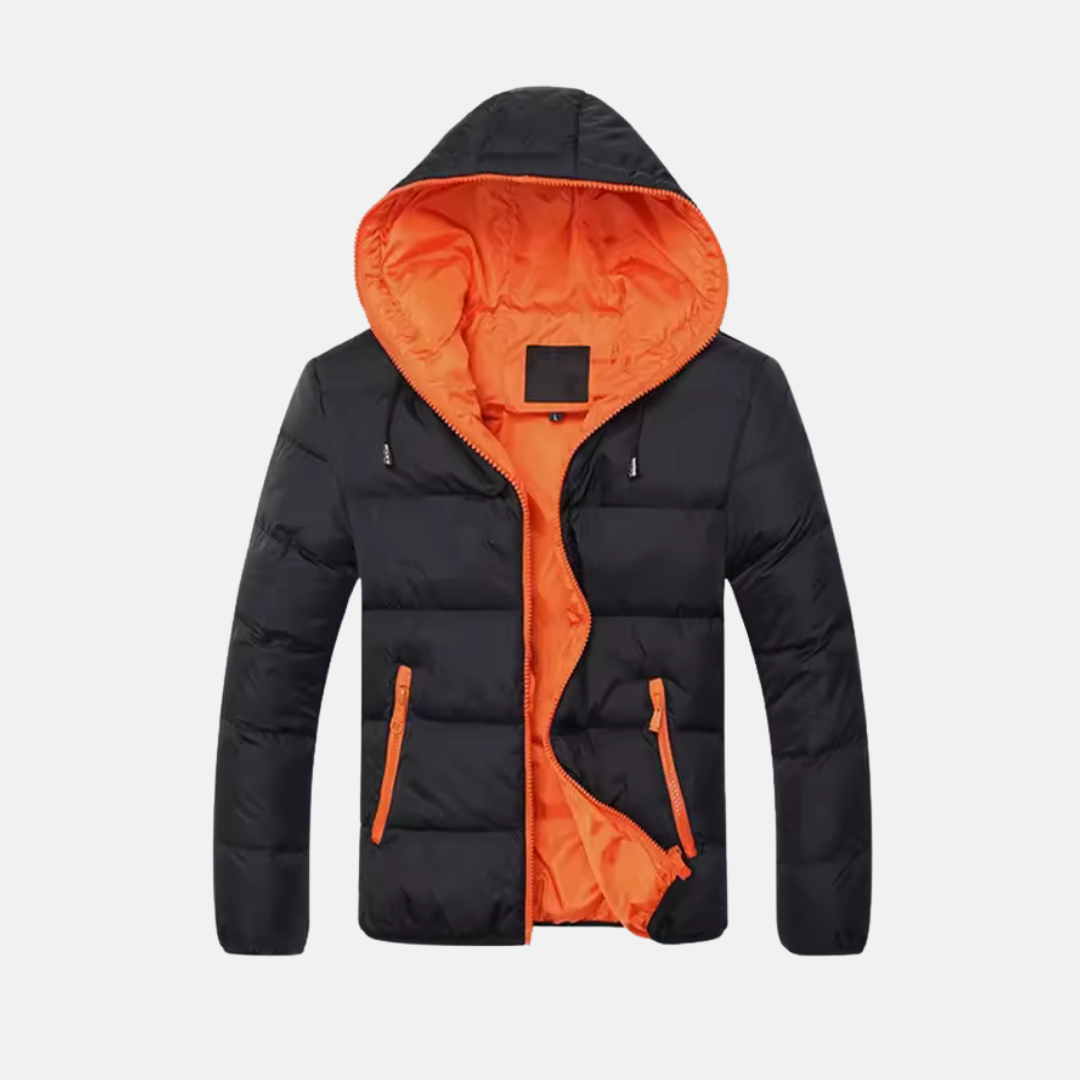 Men's navy blue hooded quilted puffer jacket insulated hip-length relaxed fit winter coat
