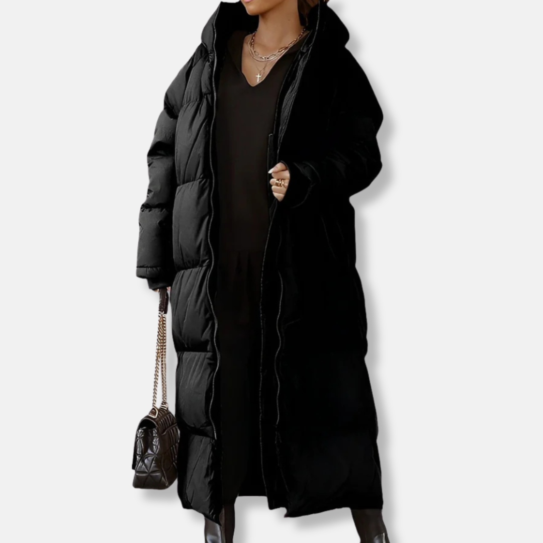 Women's oversized quilted padded long coat hooded full-zip winter puffer in neutral tone