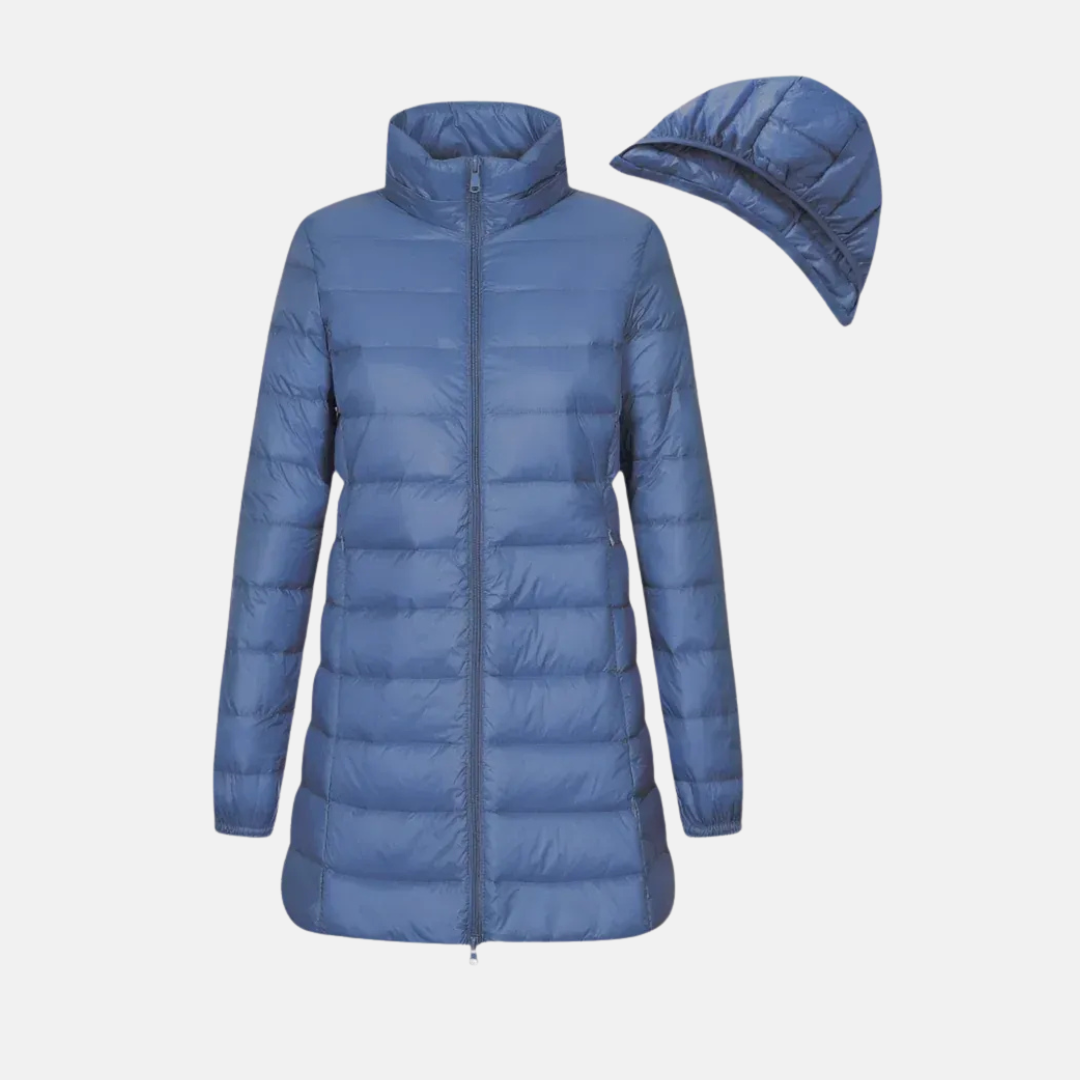 Women's quilted down jacket fitted mid-thigh length hooded water-resistant puffer coat
