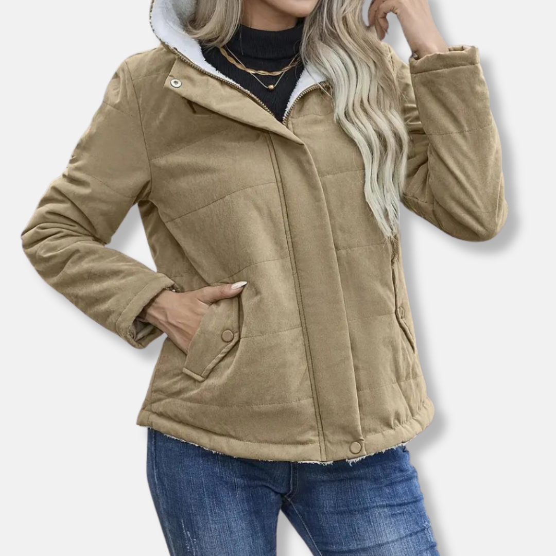 Women's black quilted short hooded coat with plush fleece lining and full-zip closure