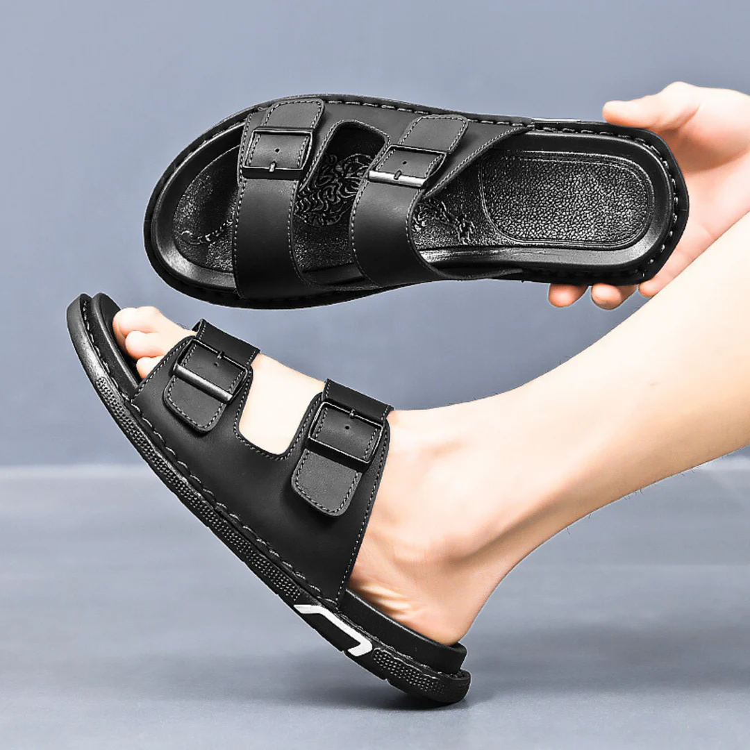 Atlas brown leather double strap sandals with adjustable buckles and cushioned insole