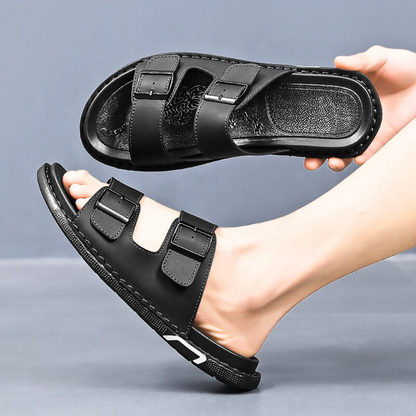 Atlas brown leather double strap sandals with adjustable buckles and cushioned insole