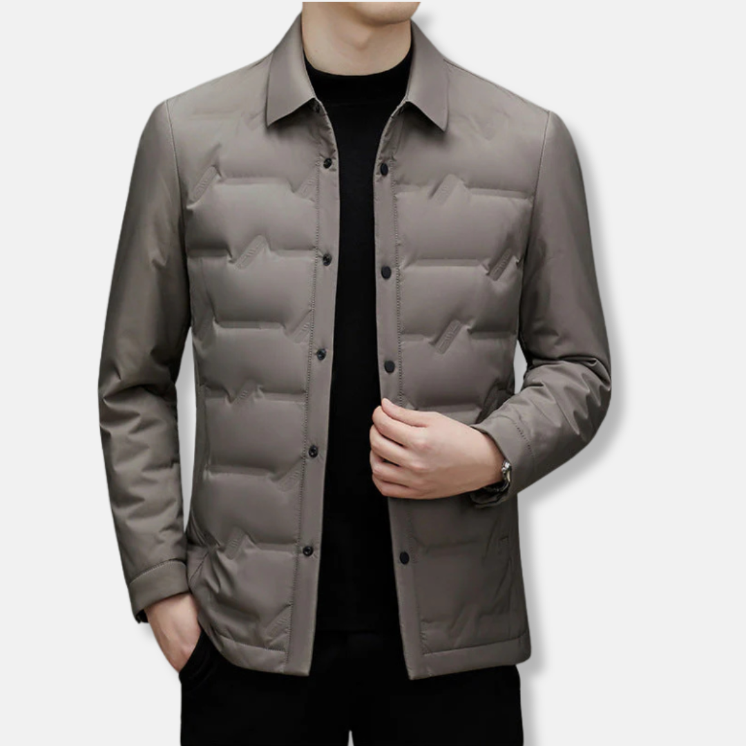 Men's slim fit quilted down jacket waist length button front water resistant navy blue