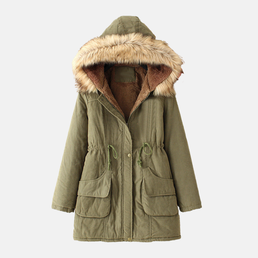 Women's slim fit winter parka coat with sherpa lining, faux fur hood, and drawstring waist