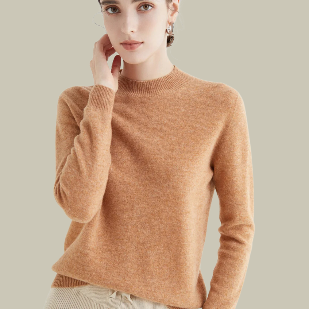 Ivy women's high neck slim fit merino wool sweater, ribbed collar, clean silhouette, itch-free warmth