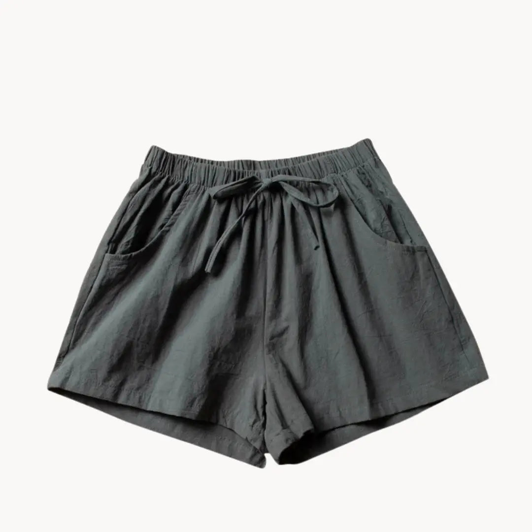 Women's high-waist linen shorts with elastic drawstring waistband and slant pockets, lightweight summer fit