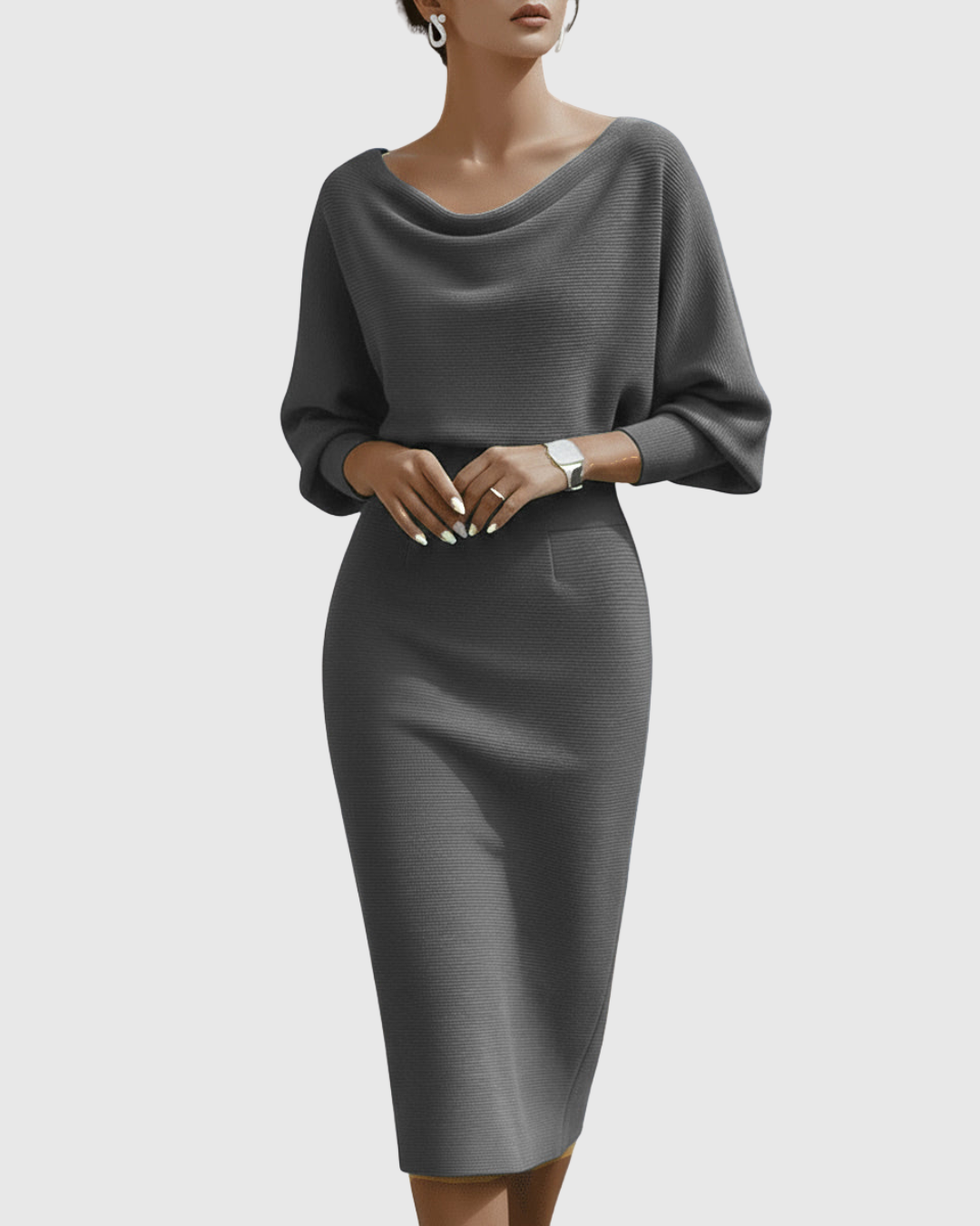 Women's ribbed midi dress in neutral cowl neck batwing sleeves fitted pencil skirt silhouette